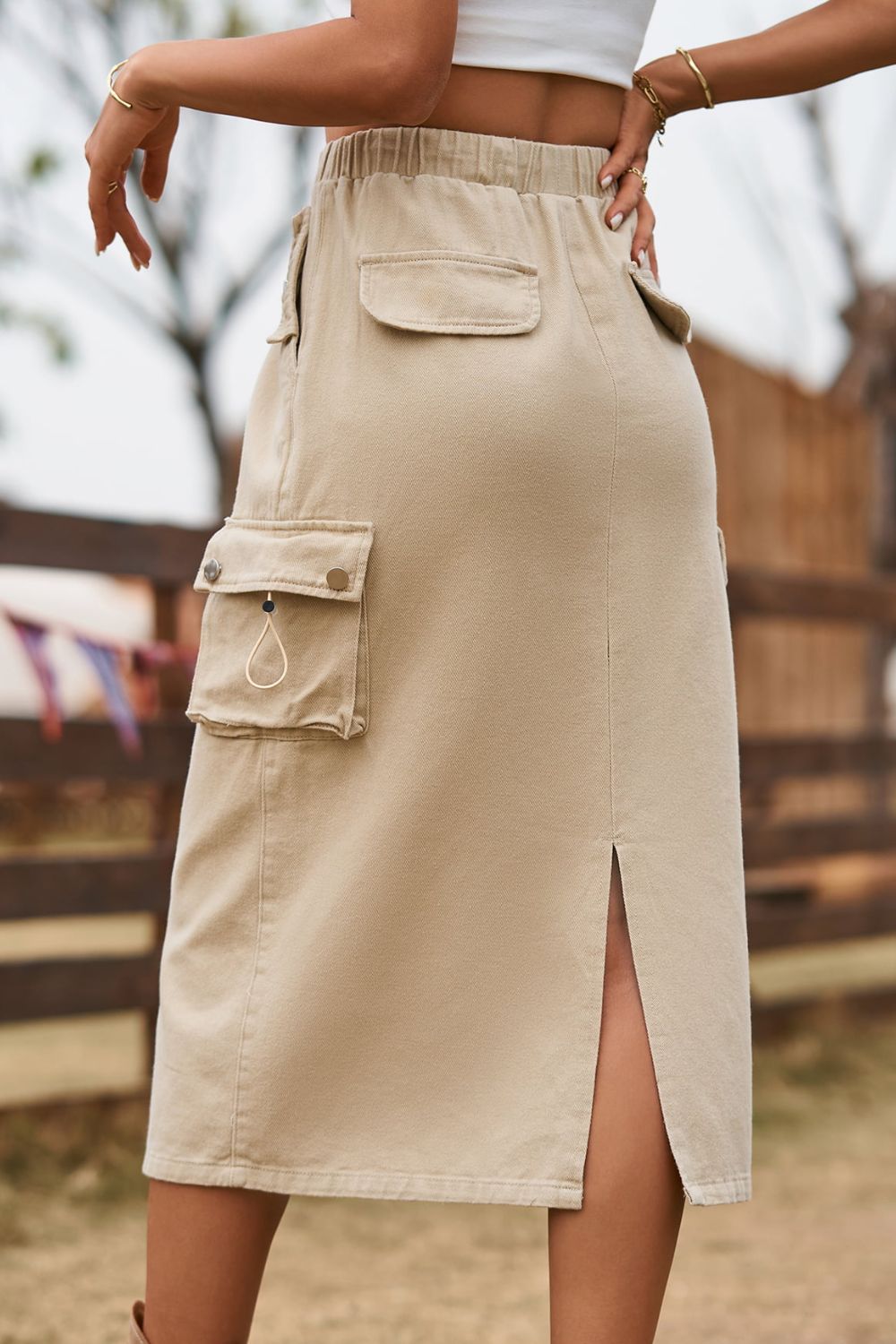 Drawstring Waist Slit Denim Skirt - Skirt - Tan - Bella Bourget