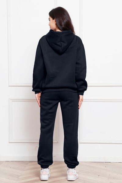 Drop Shoulder Long Sleeve Hoodie and Pants Set - Loungewear Set - Black - Bella Bourget