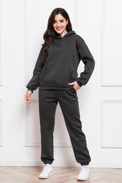 Drop Shoulder Long Sleeve Hoodie and Pants Set - Loungewear Set - Charcoal - Bella Bourget