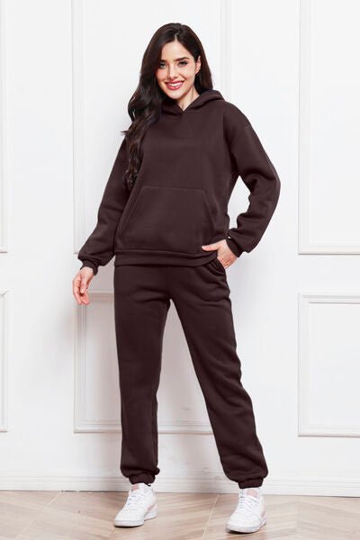 Drop Shoulder Long Sleeve Hoodie and Pants Set - Loungewear Set - Chocolate - Bella Bourget