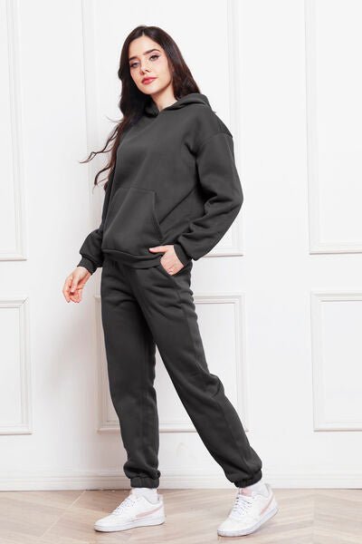 Drop Shoulder Long Sleeve Hoodie and Pants Set - Loungewear Set - Charcoal - Bella Bourget