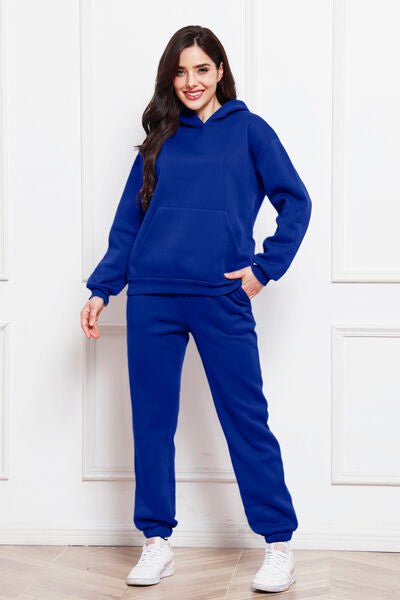 Drop Shoulder Long Sleeve Hoodie and Pants Set - Loungewear Set - Navy - Bella Bourget