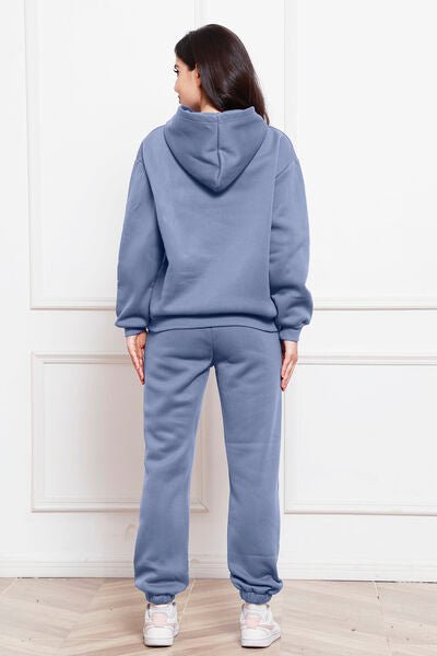 Drop Shoulder Long Sleeve Hoodie and Pants Set - Loungewear Set - Misty Blue - Bella Bourget