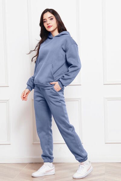 Drop Shoulder Long Sleeve Hoodie and Pants Set - Loungewear Set - Misty Blue - Bella Bourget