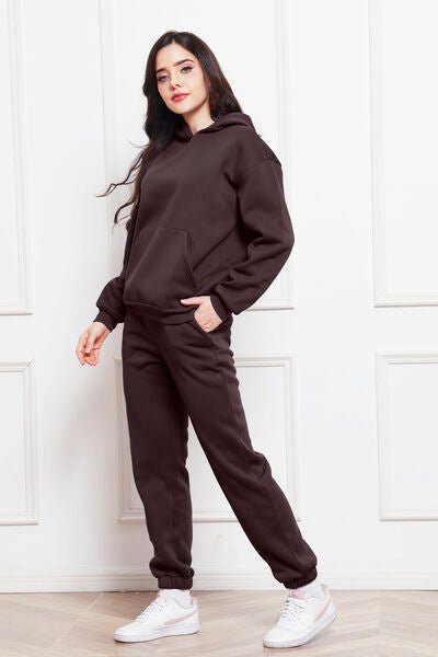 Drop Shoulder Long Sleeve Hoodie and Pants Set - Loungewear Set - Chocolate - Bella Bourget