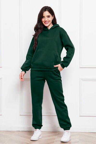 Drop Shoulder Long Sleeve Hoodie and Pants Set - Loungewear Set - Black Forest - Bella Bourget