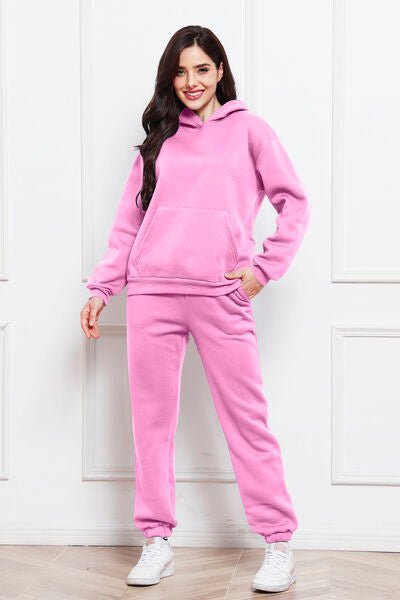 Drop Shoulder Long Sleeve Hoodie and Pants Set - Loungewear Set - Carnation Pink - Bella Bourget