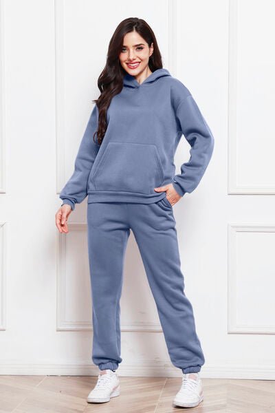 Drop Shoulder Long Sleeve Hoodie and Pants Set - Loungewear Set - Misty Blue - Bella Bourget