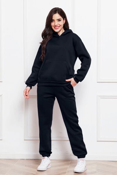 Drop Shoulder Long Sleeve Hoodie and Pants Set - Loungewear Set - Black - Bella Bourget