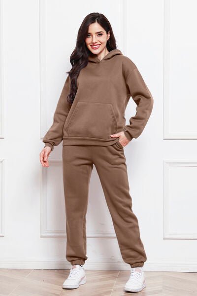 Drop Shoulder Long Sleeve Hoodie and Pants Set - Loungewear Set - Taupe - Bella Bourget