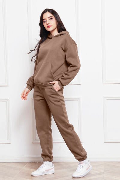 Drop Shoulder Long Sleeve Hoodie and Pants Set - Loungewear Set - Taupe - Bella Bourget