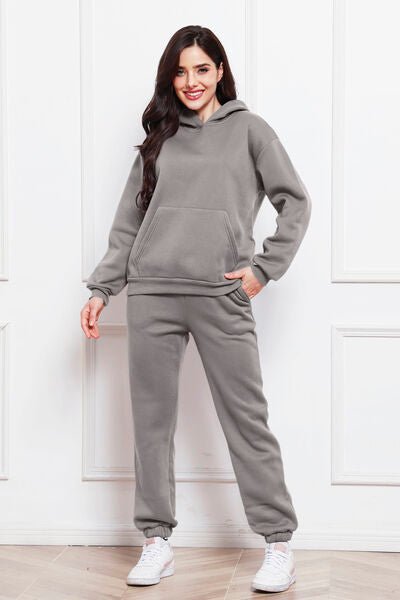 Drop Shoulder Long Sleeve Hoodie and Pants Set - Loungewear Set - Heather Gray - Bella Bourget