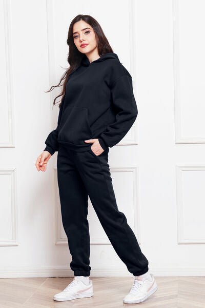 Drop Shoulder Long Sleeve Hoodie and Pants Set - Loungewear Set - Black - Bella Bourget