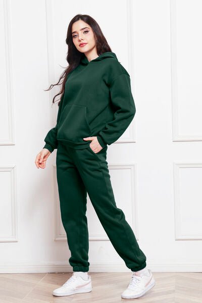 Drop Shoulder Long Sleeve Hoodie and Pants Set - Loungewear Set - Black Forest - Bella Bourget