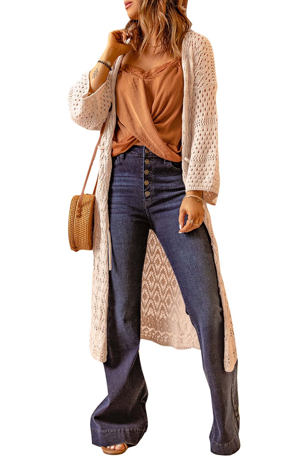 Dropped Shoulder Long Sleeve Crochet Duster Cardigan - Cardigan - Beige - Bella Bourget