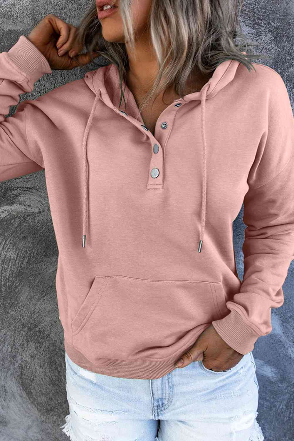 Dropped Shoulder Long Sleeve Hoodie with Pocket - Hoodie - Peach - Bella Bourget