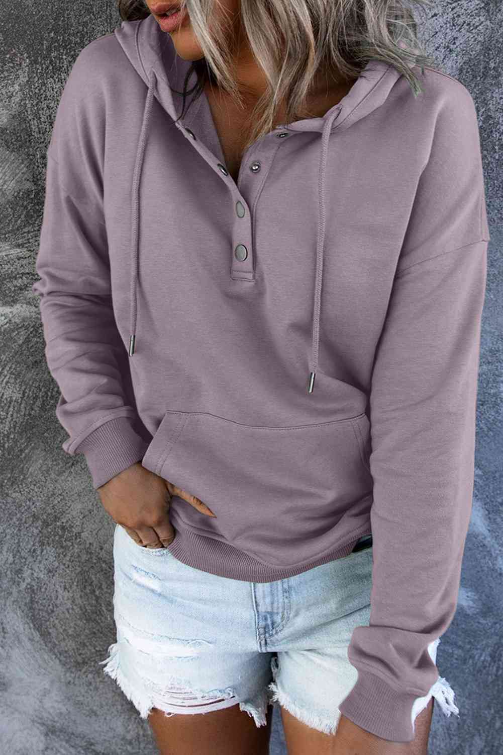 Dropped Shoulder Long Sleeve Hoodie with Pocket - Hoodie - Lilac - Bella Bourget