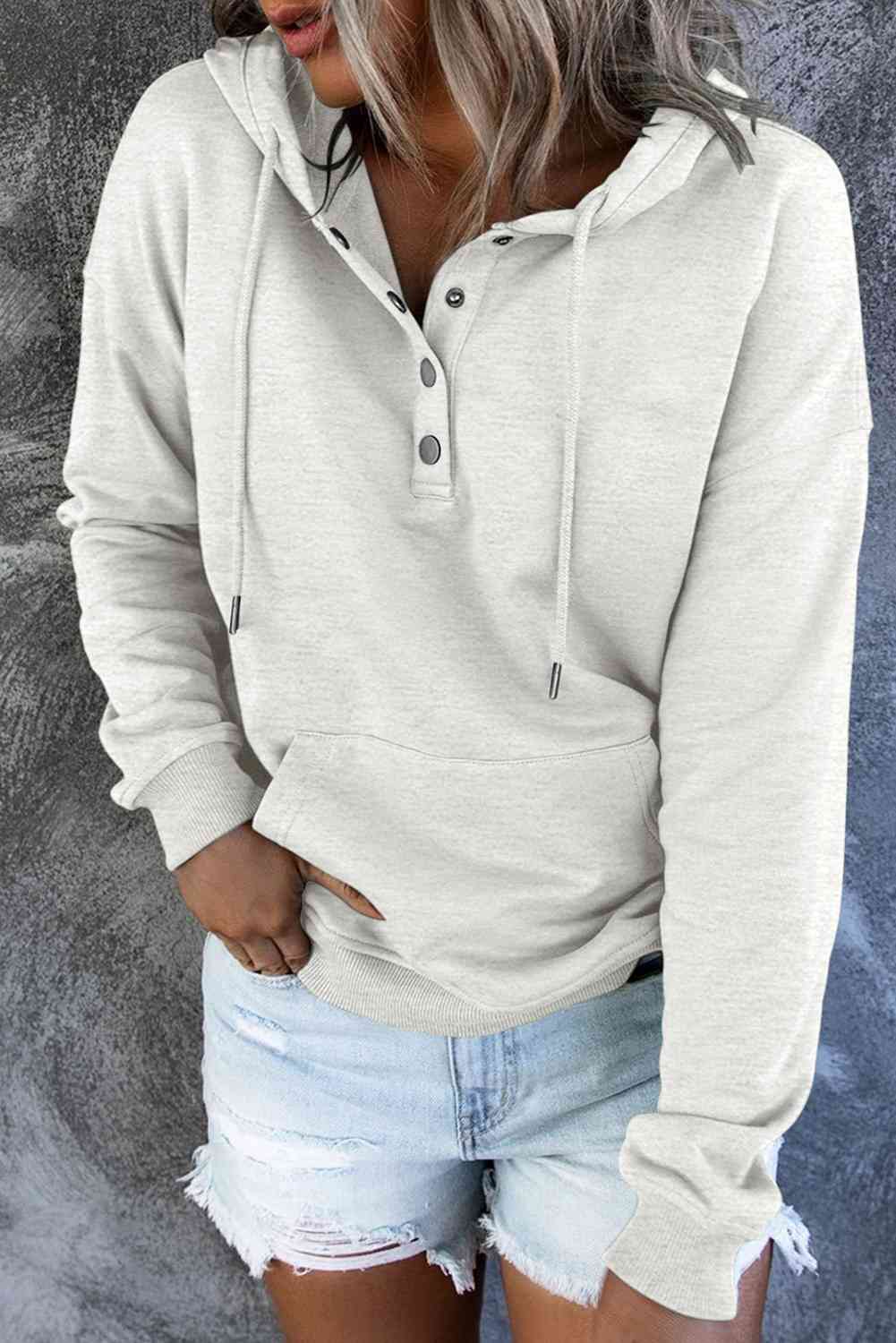 Dropped Shoulder Long Sleeve Hoodie with Pocket - Hoodie - Ivory - Bella Bourget