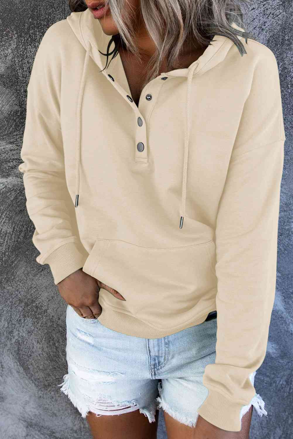 Dropped Shoulder Long Sleeve Hoodie with Pocket - Hoodie - Cream - Bella Bourget