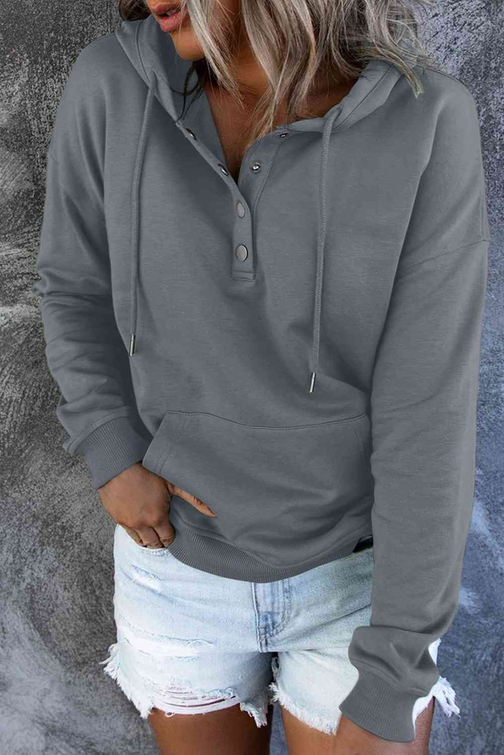 Dropped Shoulder Long Sleeve Hoodie with Pocket - Hoodie - Charcoal - Bella Bourget