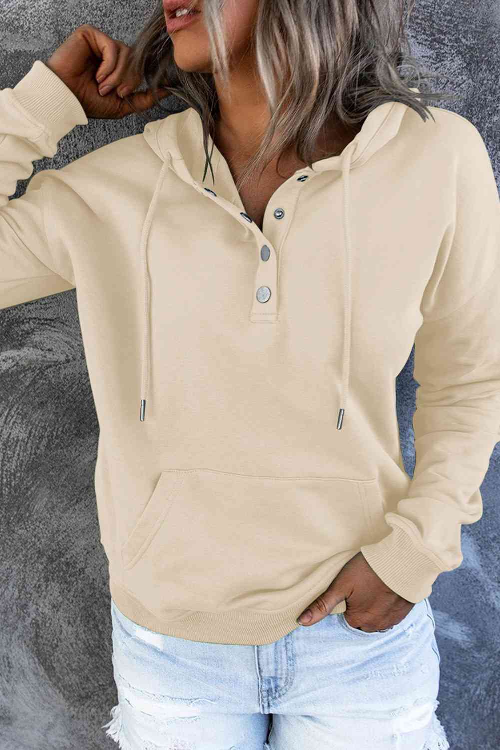 Dropped Shoulder Long Sleeve Hoodie with Pocket - Hoodie - Cream - Bella Bourget