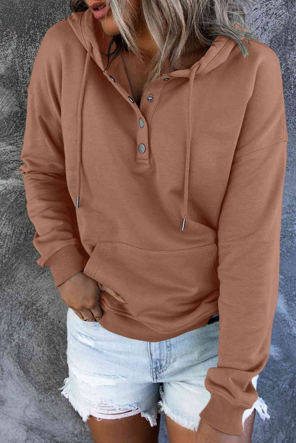 Dropped Shoulder Long Sleeve Hoodie with Pocket - Hoodie - Caramel - Bella Bourget