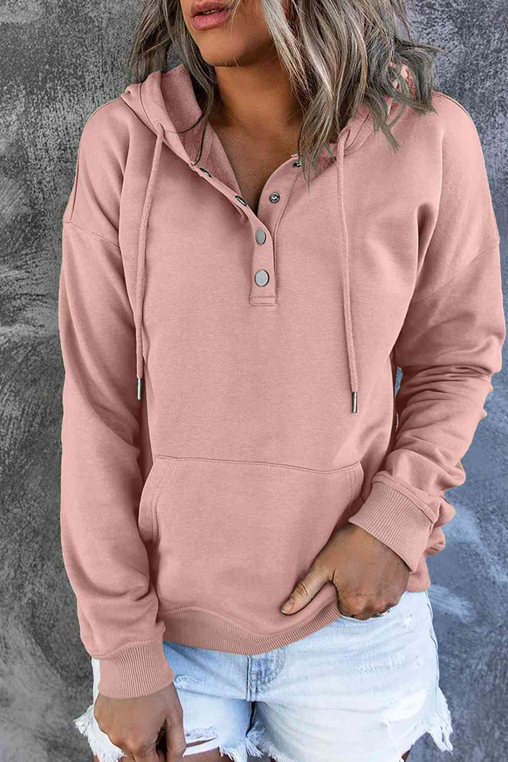 Dropped Shoulder Long Sleeve Hoodie with Pocket - Hoodie - Peach - Bella Bourget