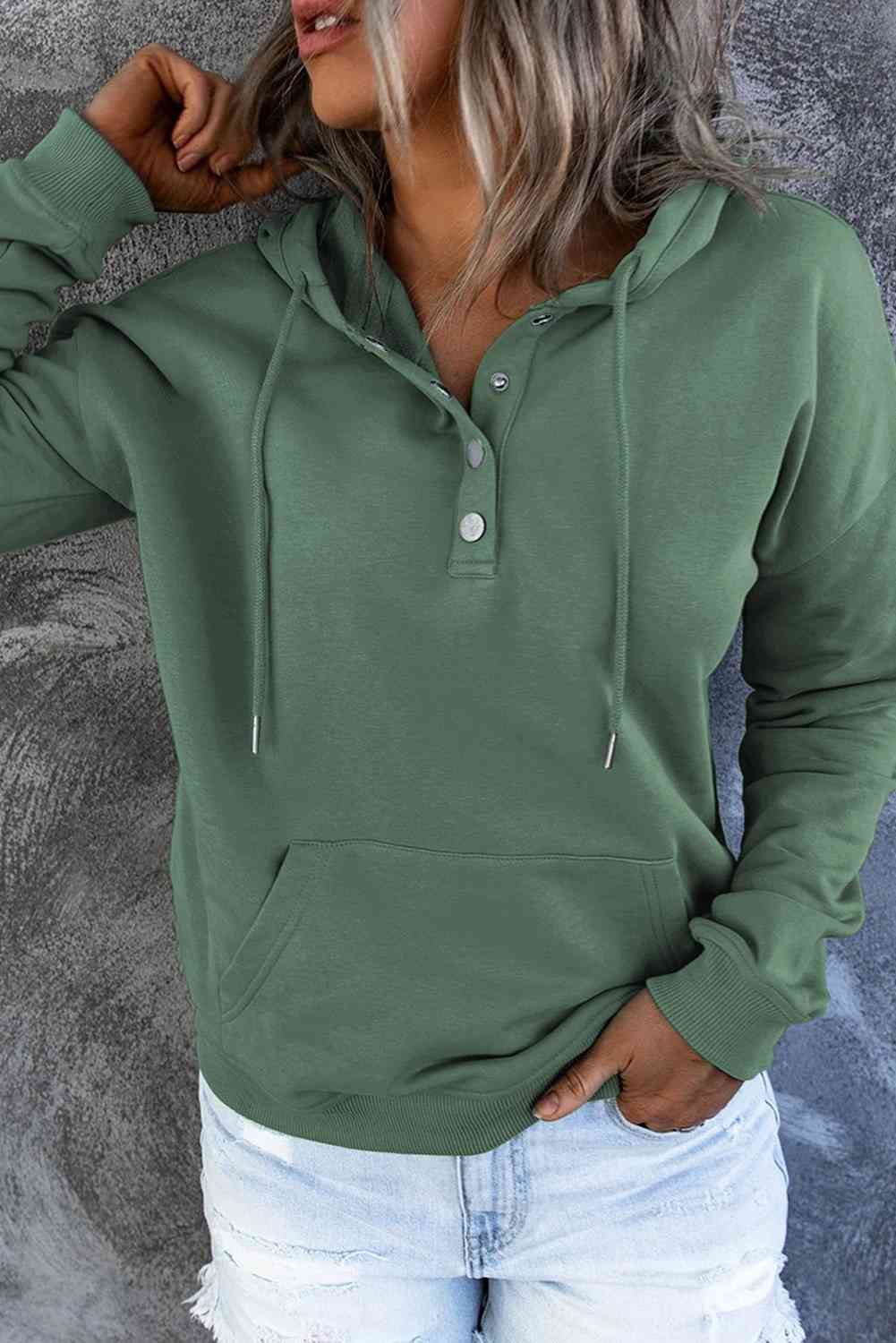 Dropped Shoulder Long Sleeve Hoodie with Pocket - Hoodie - Mid Green - Bella Bourget