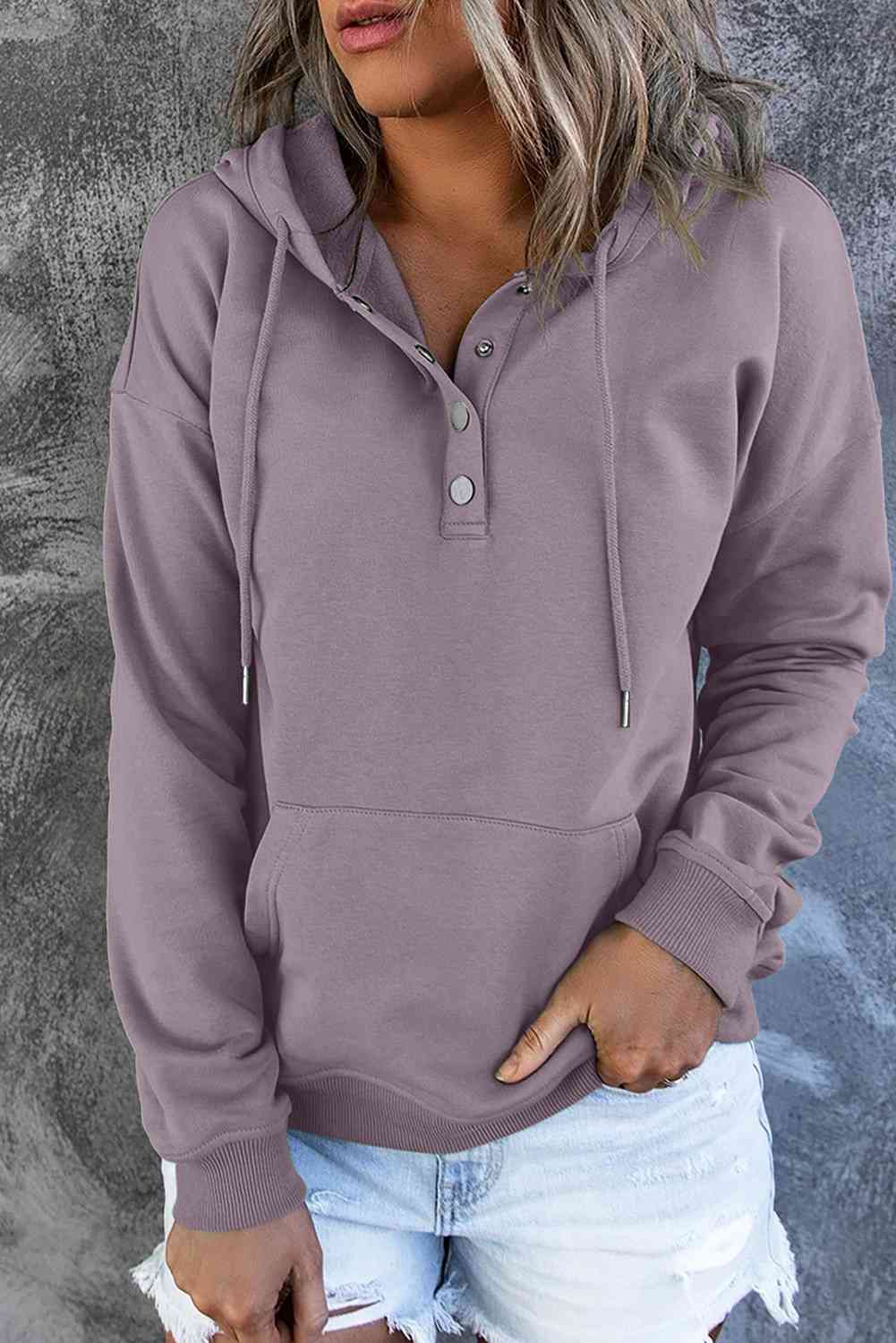 Dropped Shoulder Long Sleeve Hoodie with Pocket - Hoodie - Lilac - Bella Bourget