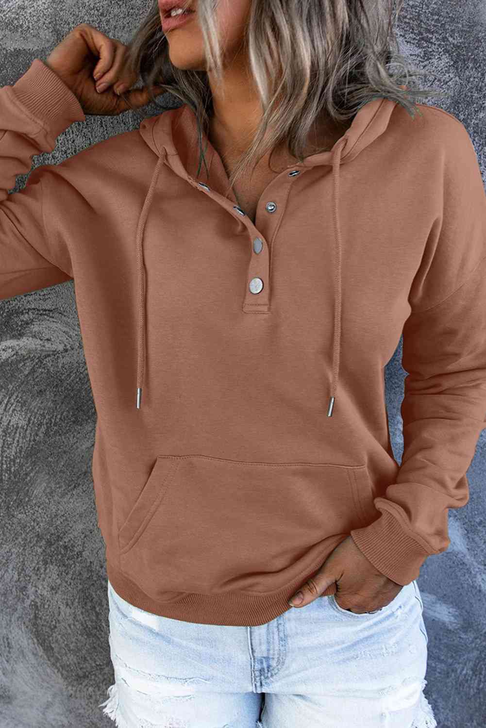 Dropped Shoulder Long Sleeve Hoodie with Pocket - Hoodie - Caramel - Bella Bourget