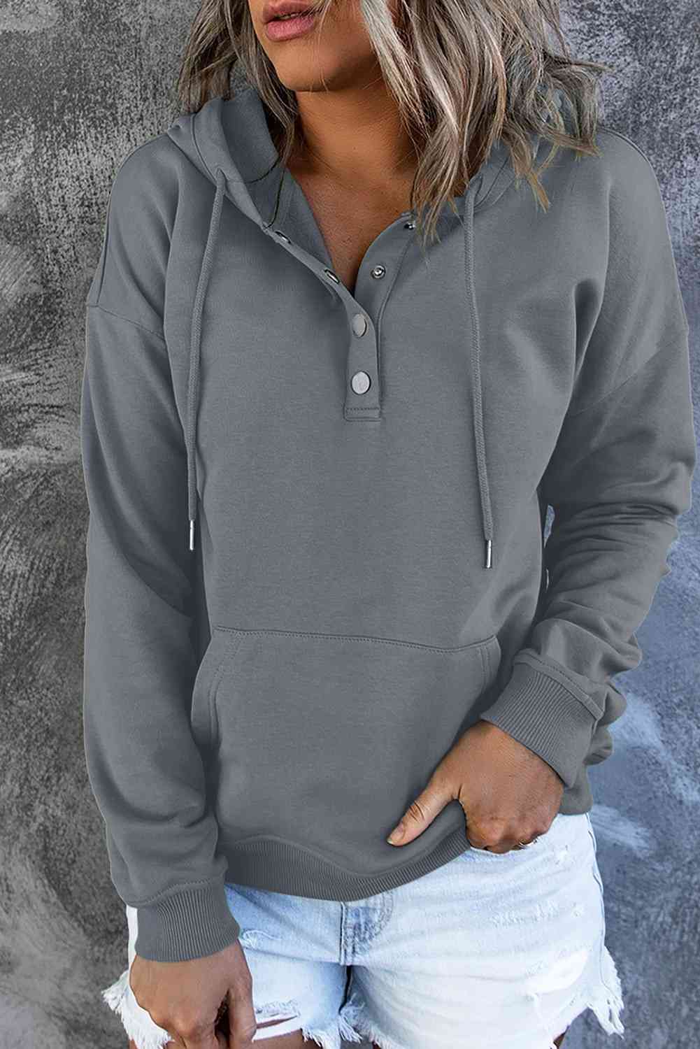 Dropped Shoulder Long Sleeve Hoodie with Pocket - Hoodie - Charcoal - Bella Bourget