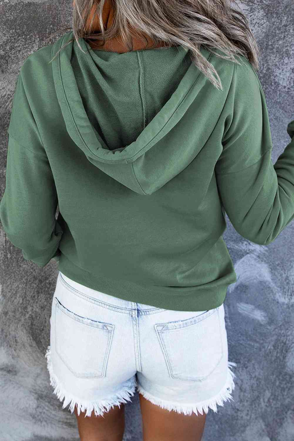 Dropped Shoulder Long Sleeve Hoodie with Pocket - Hoodie - Mid Green - Bella Bourget