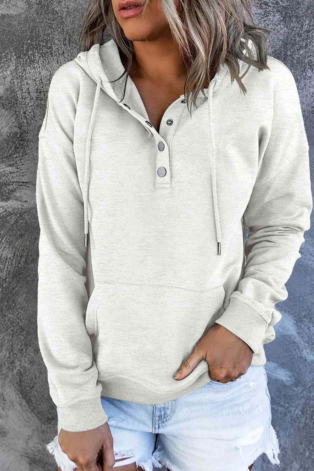 Dropped Shoulder Long Sleeve Hoodie with Pocket - Hoodie - Ivory - Bella Bourget