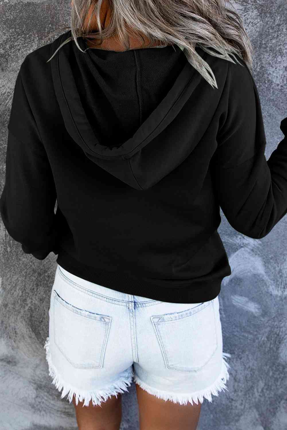 Dropped Shoulder Long Sleeve Hoodie with Pocket - Hoodie - Black - Bella Bourget