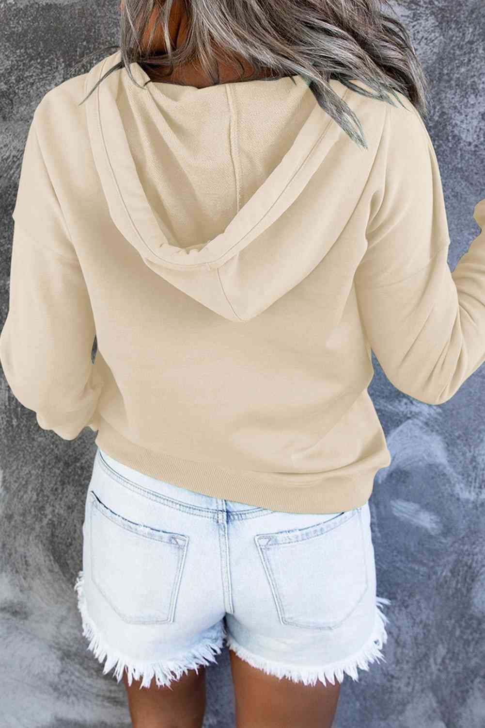 Dropped Shoulder Long Sleeve Hoodie with Pocket - Hoodie - Cream - Bella Bourget