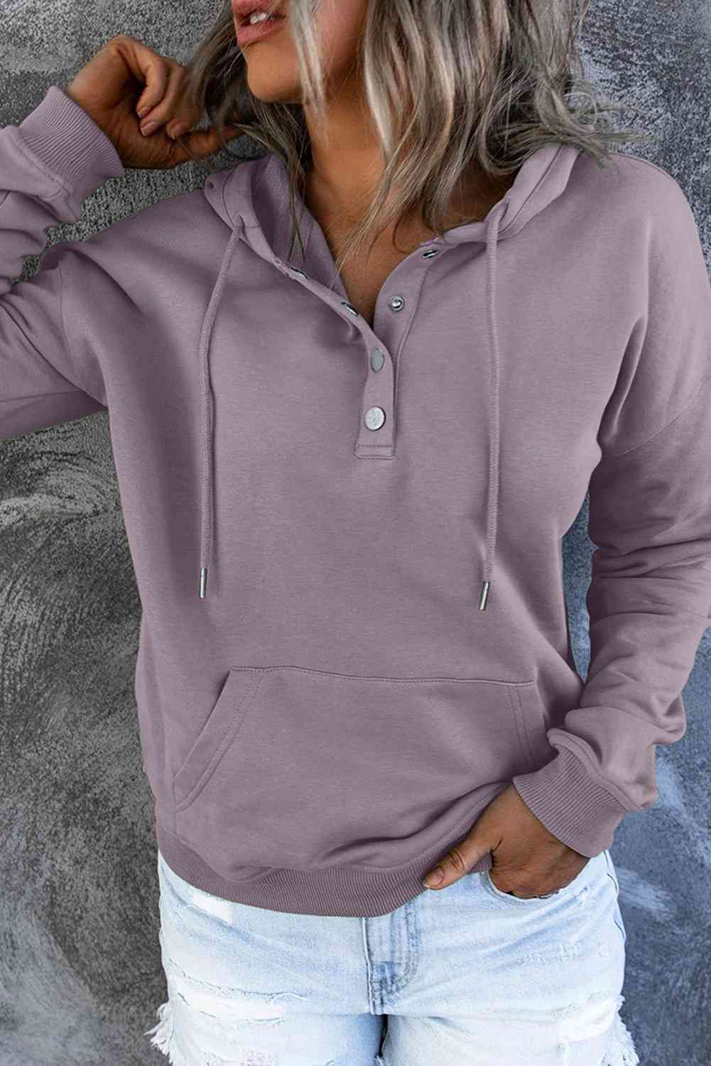 Dropped Shoulder Long Sleeve Hoodie with Pocket - Hoodie - Lilac - Bella Bourget