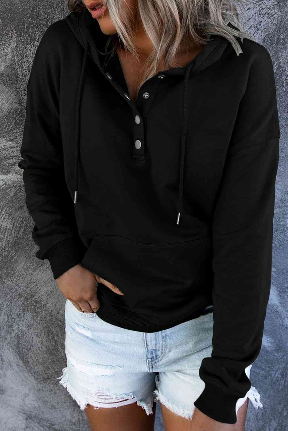 Dropped Shoulder Long Sleeve Hoodie with Pocket - Hoodie - Black - Bella Bourget