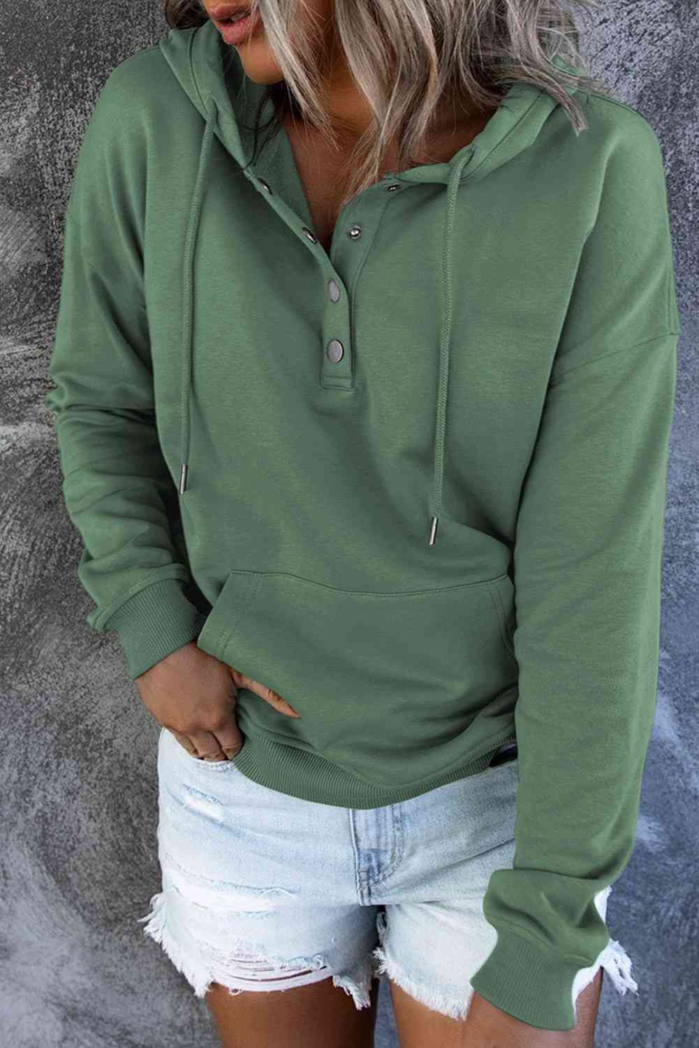 Dropped Shoulder Long Sleeve Hoodie with Pocket - Hoodie - Mid Green - Bella Bourget