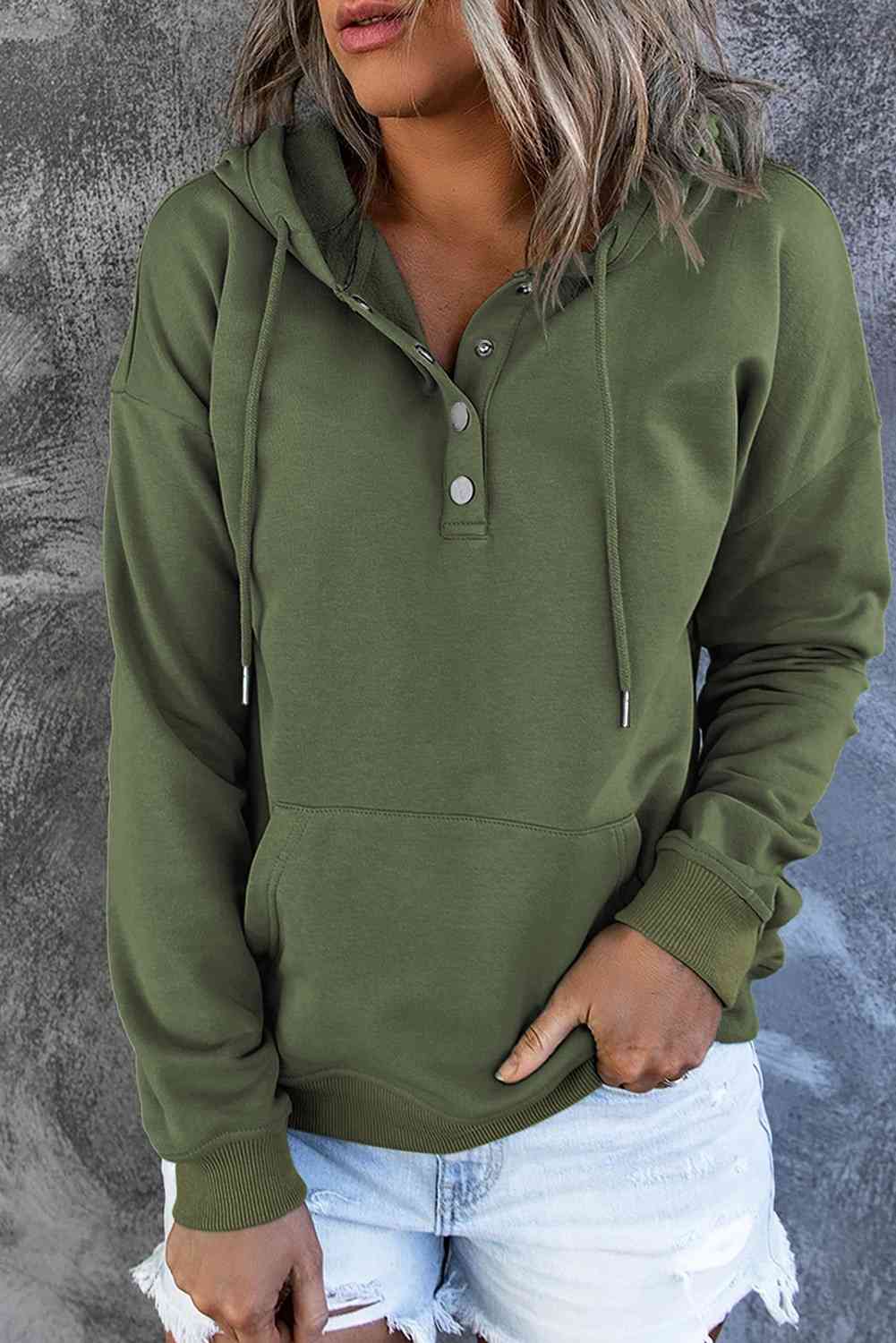 Dropped Shoulder Long Sleeve Hoodie with Pocket - Hoodie - Matcha Green - Bella Bourget