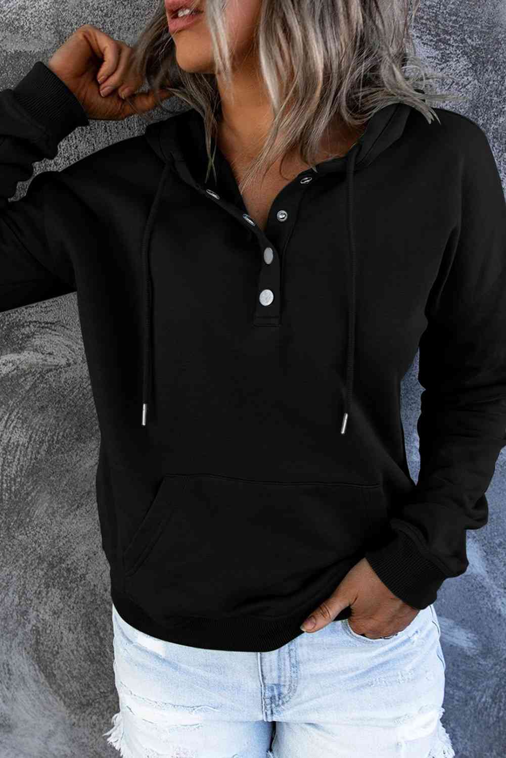 Dropped Shoulder Long Sleeve Hoodie with Pocket - Hoodie - Black - Bella Bourget