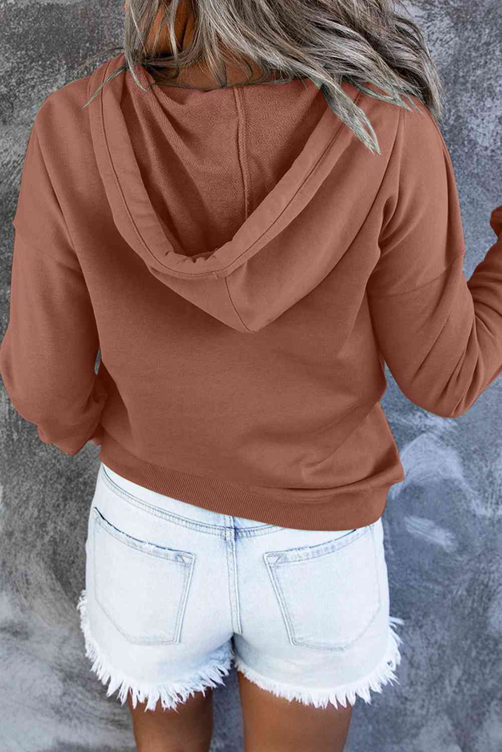 Dropped Shoulder Long Sleeve Hoodie with Pocket - Hoodie - Caramel - Bella Bourget