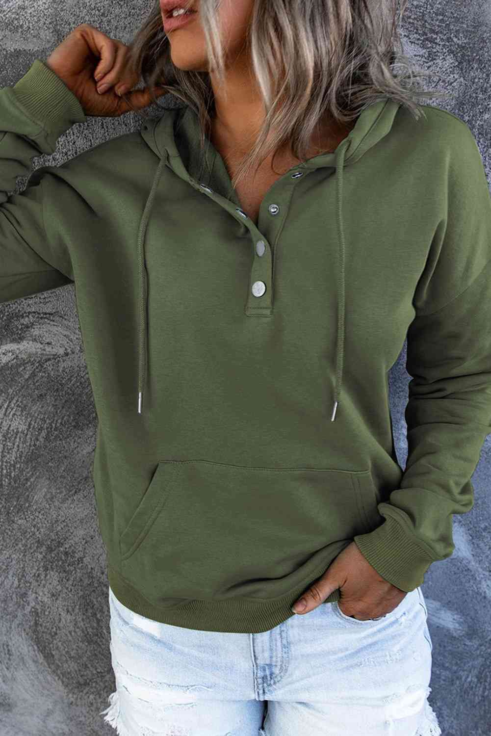 Dropped Shoulder Long Sleeve Hoodie with Pocket - Hoodie - Matcha Green - Bella Bourget