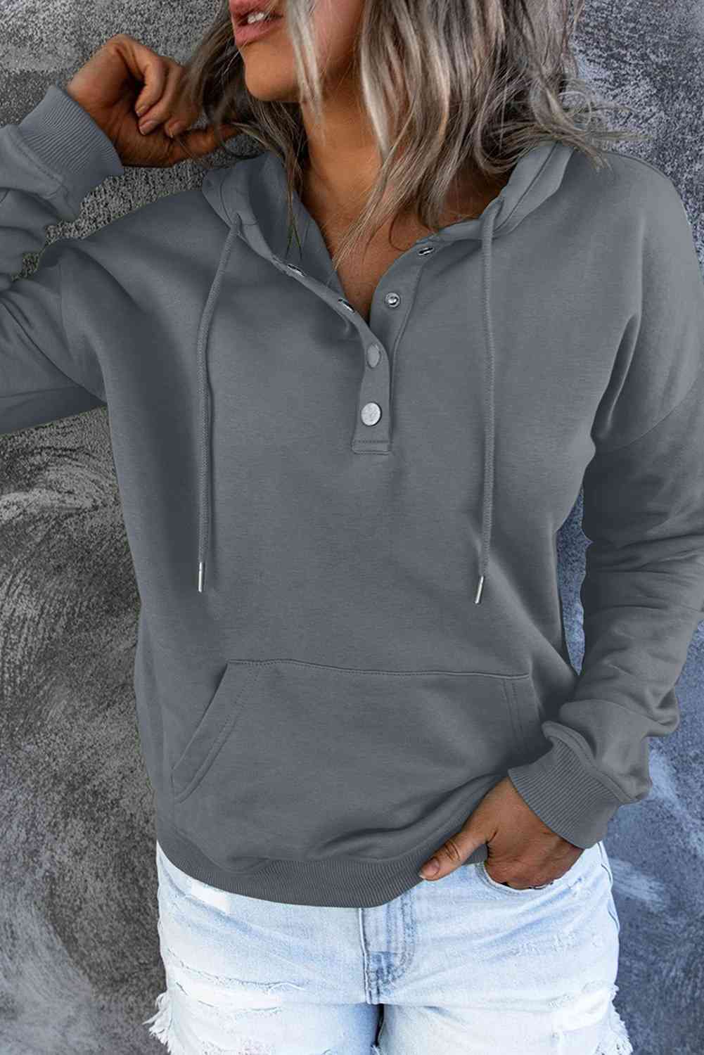 Dropped Shoulder Long Sleeve Hoodie with Pocket - Hoodie - Charcoal - Bella Bourget