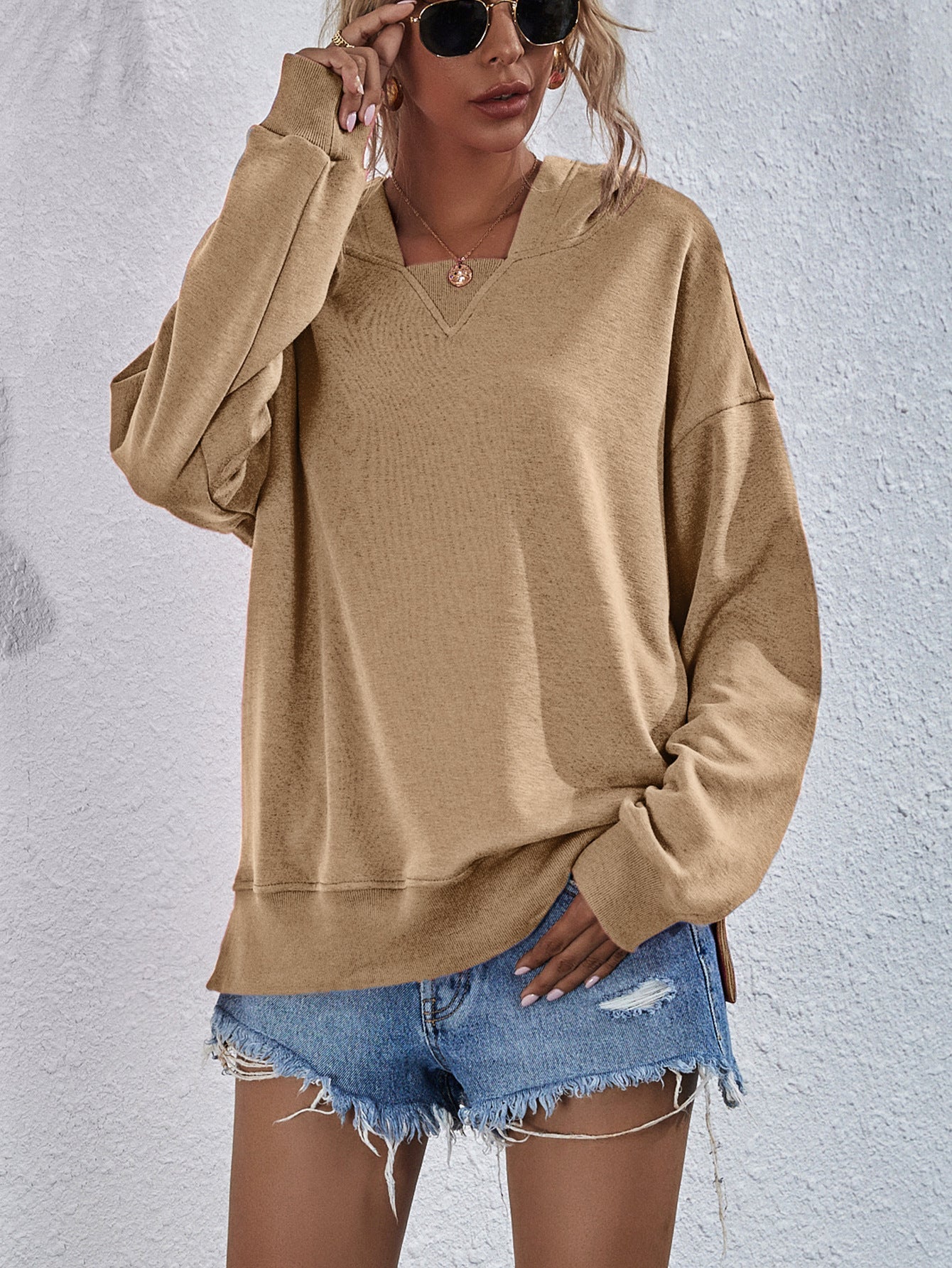 Dropped Shoulder Slit Hoodie - Sweatshirt - Tan - Bella Bourget