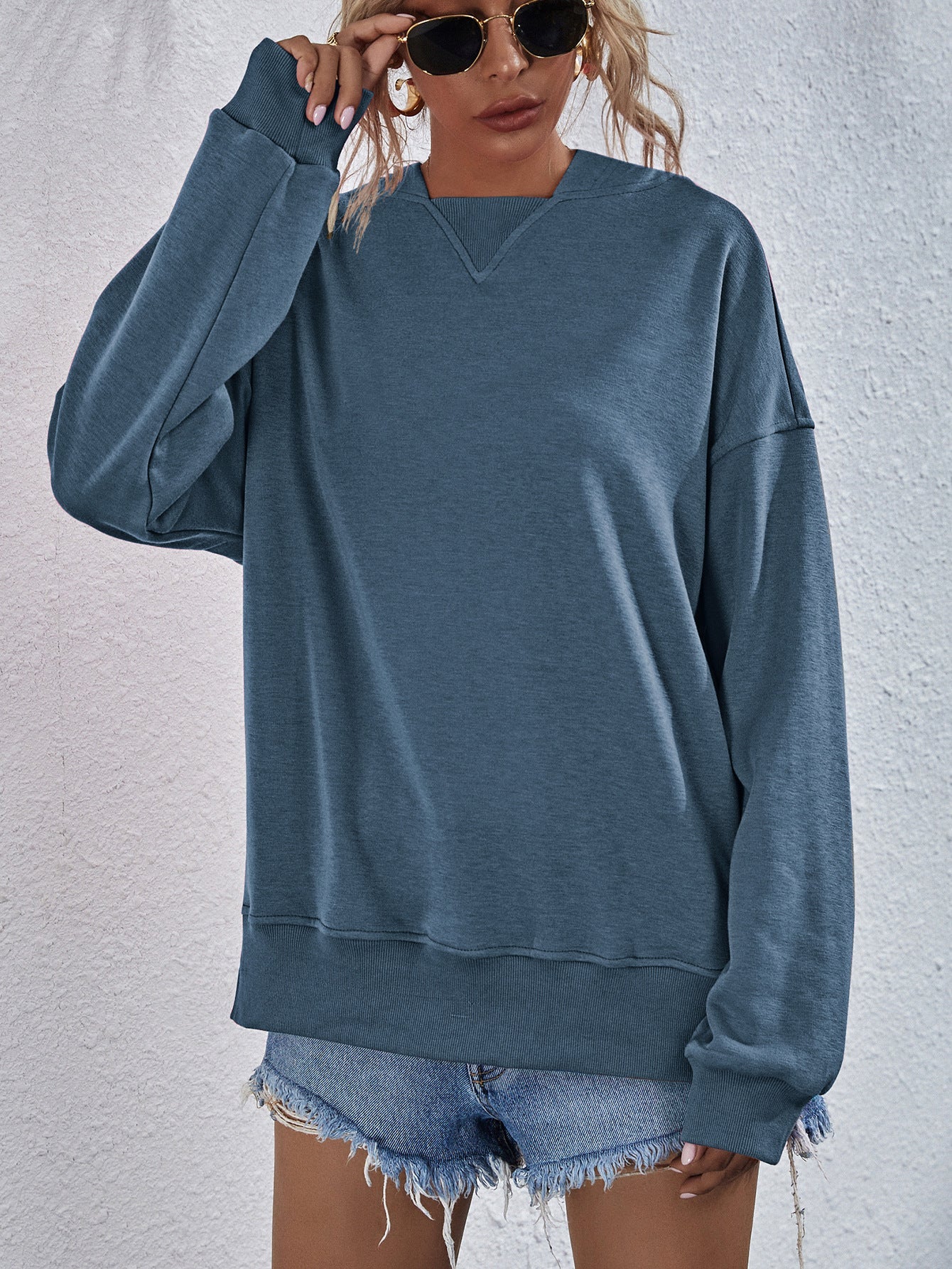 Dropped Shoulder Slit Hoodie - Sweatshirt - Dusty Blue - Bella Bourget