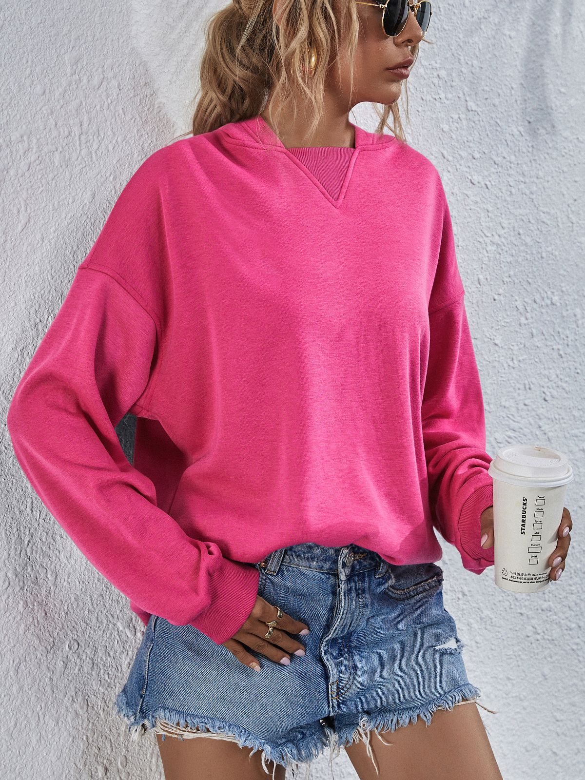 Dropped Shoulder Slit Hoodie - Sweatshirt - Hot Pink - Bella Bourget