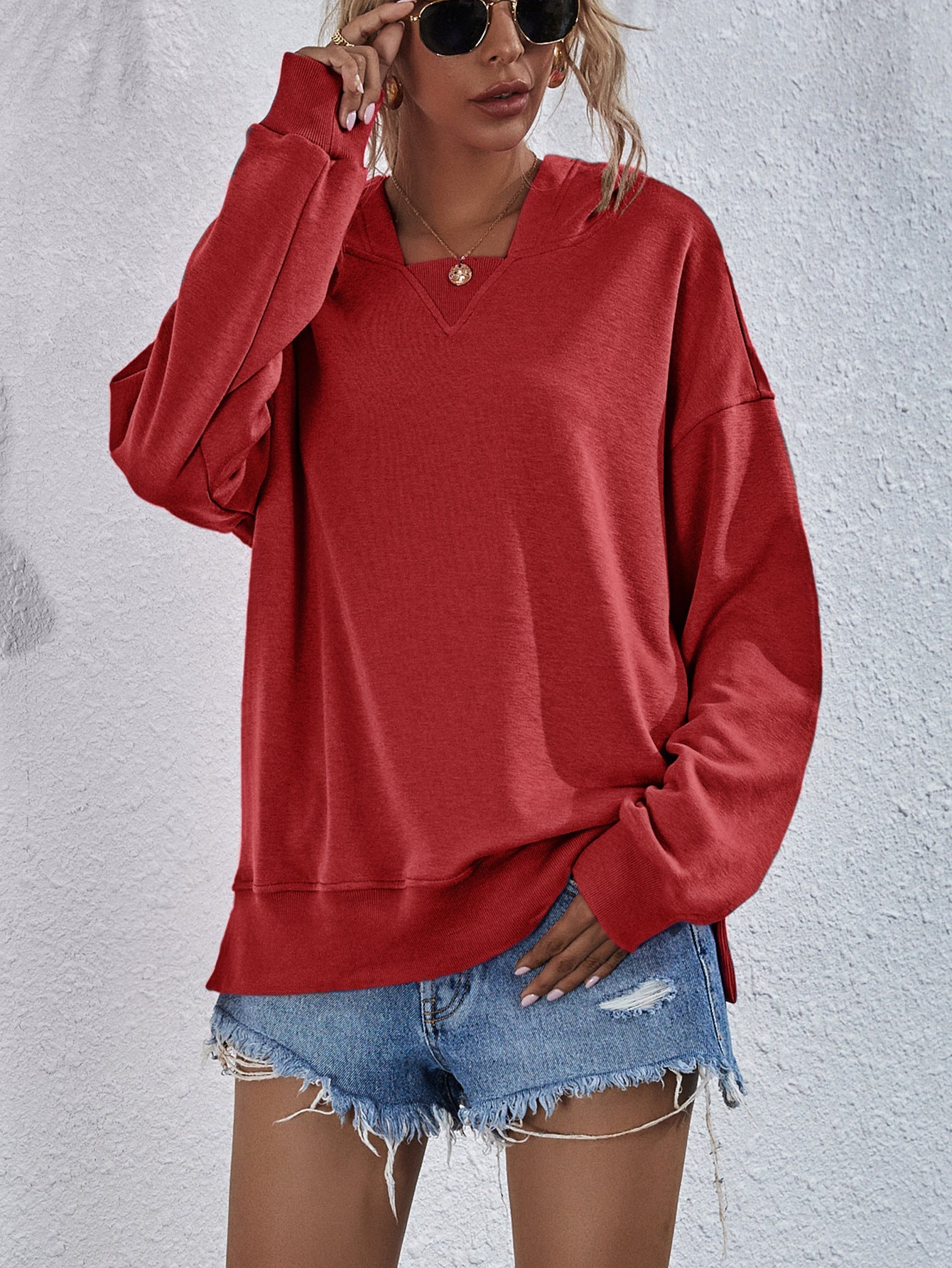 Dropped Shoulder Slit Hoodie - Sweatshirt - Brick Red - Bella Bourget