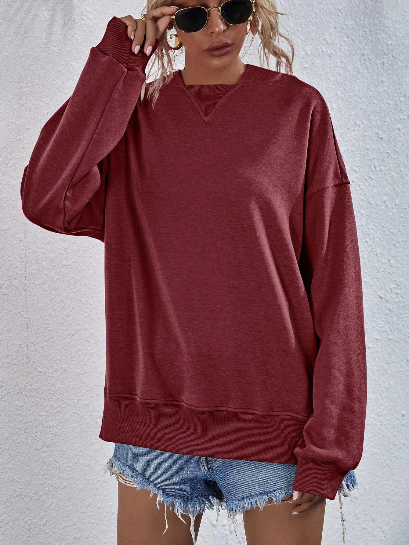 Dropped Shoulder Slit Hoodie - Sweatshirt - Wine - Bella Bourget