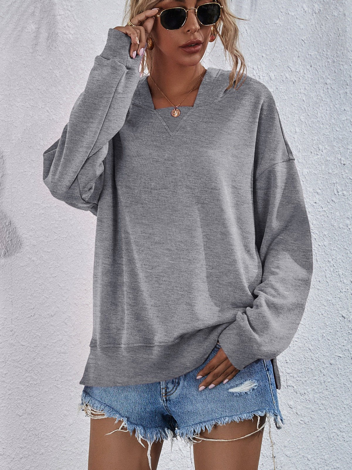 Dropped Shoulder Slit Hoodie - Sweatshirt - Heather Gray - Bella Bourget