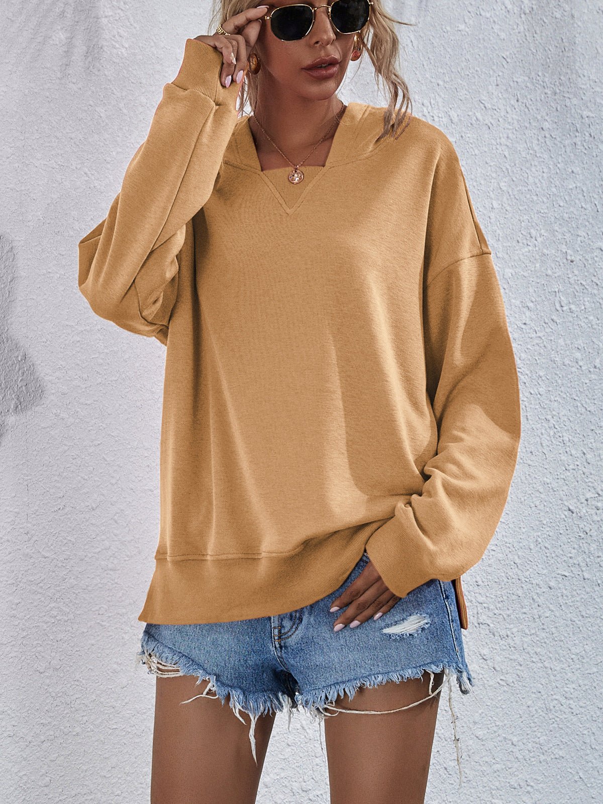 Dropped Shoulder Slit Hoodie - Sweatshirt - Mustard - Bella Bourget